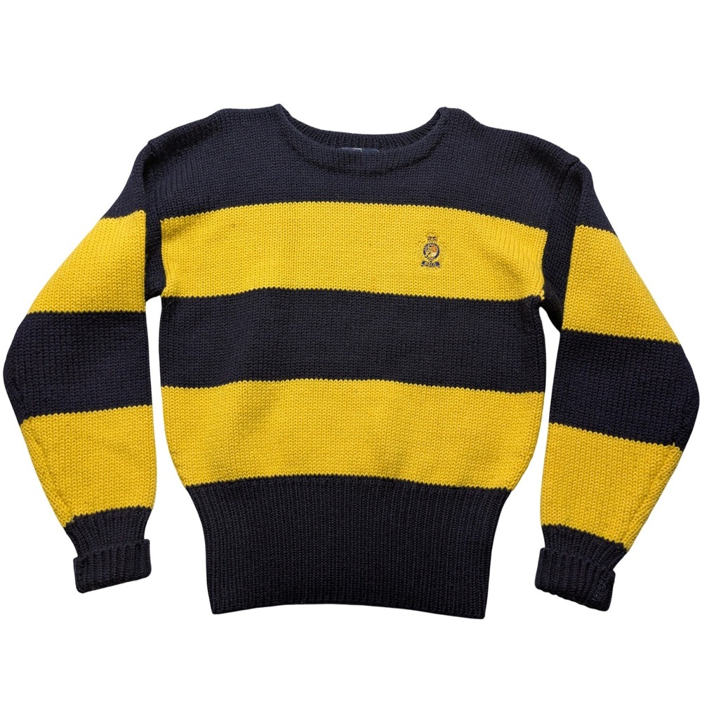 VTG Polo Ralph Lauren Wool Crest Logo Sweater Navy Yellow Striped Mens Medium